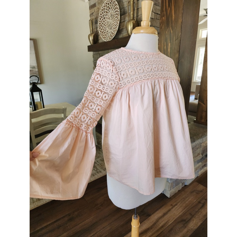 Karlie Peach Peach Crochet Lace Yoke Bell Sleeve Babydoll Top Boho Medium